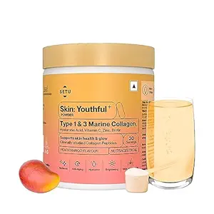 Setu Skin Youthful Marine Collagen Powder Supplements for men and women,210 g | Hydrolyzed Collagen Peptides with N-Acetylglucosamine, Vitamin C, Zinc and Biotin | Supports Healthy Skin, Hair, Nails, Bones & Joint | Peach Mango Flavour (Pack of 1) | Diwali Gifts