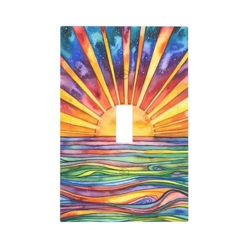 Romyessen LIGHT146-SUN-Q Colorful Boho Sun 1 Gang Single Toggle Light Switch Cover Bedroom Bathroom Electrical Sea Faceplate Decorative Wall Plate Mid Size cover