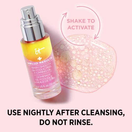 It Cosmetics Hello Results Baby-Smooth Glycolic Acid Peel + Caring Face Oil (1 Fl Oz) & Confidence In A Cream Face Moisturizer (0.5 Fl Oz) - Gentle Exfoliation & Soothing Hydration For All Skin Types #TOP26