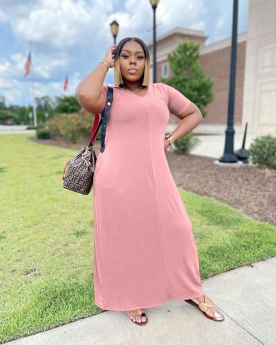 Image of TOPSRANI Womens Plus Size Maxi Dresses for Women Oversize Casual Short Sleeve V Neck Loose Plain Solid Trendy Summer Dress