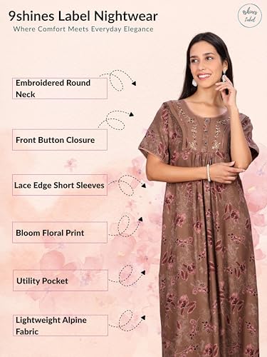 Image of 9shines Label Stylish Alpine Nighty Maxi for Women | Full Length Trendy Nightgown | Premium Nightdress | Nightwear | Embroidery Nighty with Pockets (2892)
