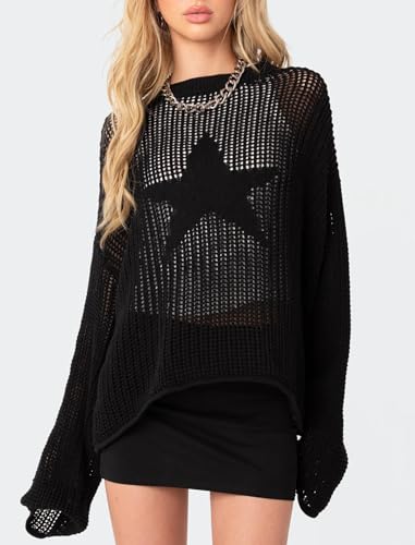 Image of CORIRESHA Women's Fashion Star Boat Neck Long Sleeves Oversized Knit Sweaters Cover Up