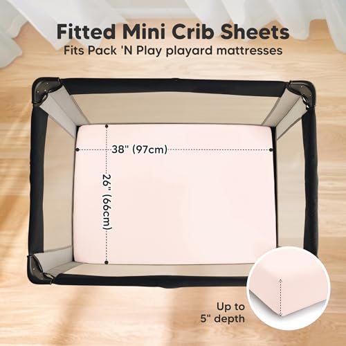 Image of 2 Pack and Play Sheets, Waterproof Mini Crib Sheets Fitted - 38x26 Organic Cotton Pack N Play Sheets for Graco Pack and Play Mattress, Playard Baby Crib Sheets,Neutral for Boy,Girl,Toddler(Mist Rose)