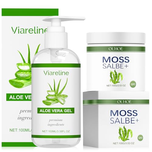 Gel de Aloe Vera 100% Puro 100 ml + Ungüento de Musgo Plus 100 g, Gel de Aloe Vera Orgánico para Rostro, Cabello y Cuerpo, Ungüento de Musgo para Rostro y Arrugas (Ganador de la Prueba), Hidratante Ca