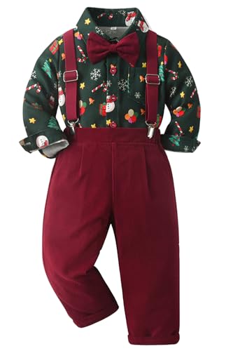 SALNIER Toddler Boy Suit Baby Boy Formal Outfit Set with Cotton Shirt Bow Tie Suspenders Pants for Wedding Birthday Party (Christmas Print,18-24 Months)