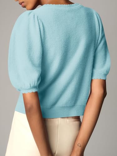 Image of Saodimallsu Womens Puff Short Sleeve Cardigan Lightweight Summer Button Down Shirts Knit Crew Neck Sweater Tops