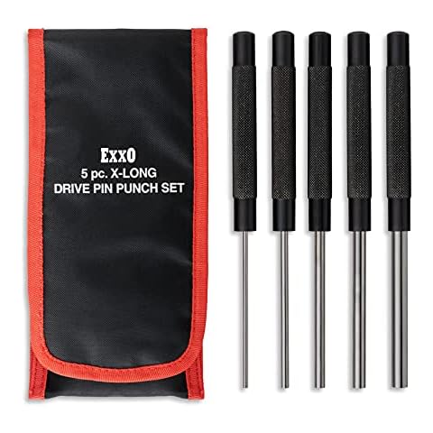 EXXO | 5-Piece Long Drive Pin Punch Set | 8 Inches |1/8”, 3/16”, 1/4”, 5/16” and 3/8” | Includes Storage Pouch | for Pin Removal Cover