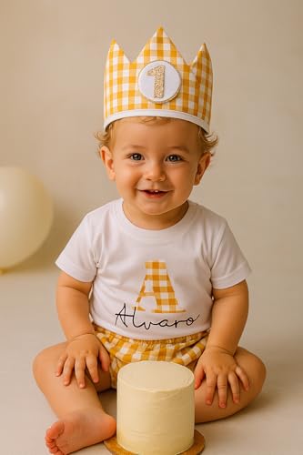 Conjunto Cumpleaños 1 año Personalizado - Camiseta con nombre Bebé - Regalo primer cumpleaños - Smash Cake - Corona cumpleaños (Vichy Rosa) (Mostaza)