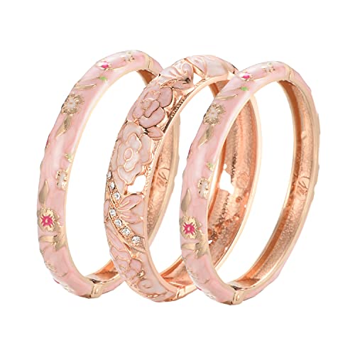 Ujoy Vintage Jewelry Cloisonne Handcrafted Enameled Gorgeous Rhinestone Rose Gold Hinged Cuff Bracelet Bangles Gifts 88C06-3Pcs Pink #TOP23