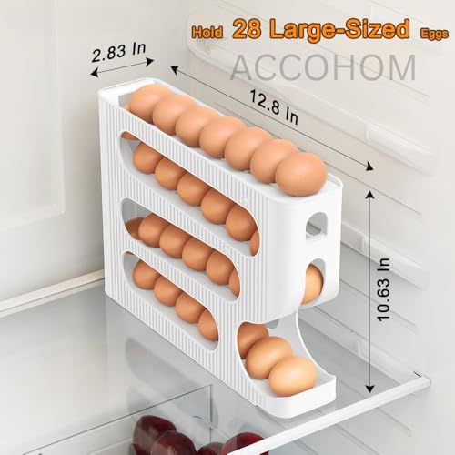 Image of 4 Tier Automatic Egg Dispenser for Refrigerator, Roll Down Egg Holder, 30 Eggs Storage Capacity, Space Saving Kitchen Fridge Organizer (White)