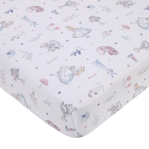 Image of Disney Alice in Wonderland Light Blue, Pink, and White, Rabbit, and Cheshire Cat Super Soft Nursery Fitted Crib Sheet