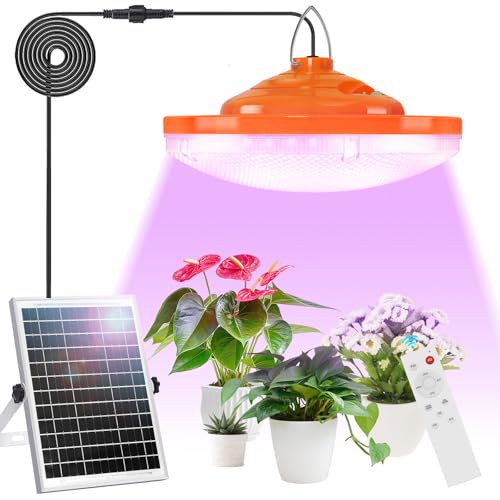 Ufelizor Solar Plant Grow Light Outdoor Indoor Run Day/Night 96 LED Full Spectrum Solar Hanging Plant Light with Remote Control 16.4FT Cable/USB Charging/Timer for All Stage Plants