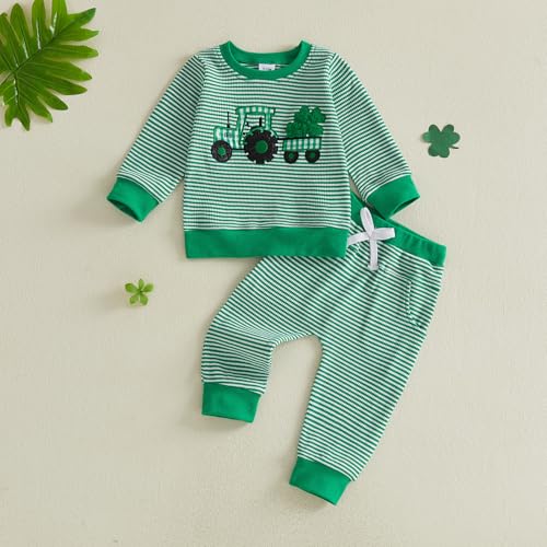 Image of Toddler Baby Boy St Patricks Day Outfit Infant Lucky Clover Sweatshirt Pants Set Little Kids Spring Warm Clothes
