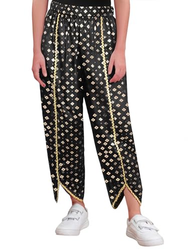 Choomomo Kids Girls Metallic Floral Baggy Harem Pants Satin Trousers Palazzo Dhoti Style Ethnic Wear Black 10 Years