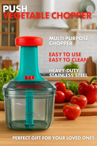 Image of YOUONE Push Chopper, 1000ml Capacity, Stainless Steel Blade, Transparent Container with Lock System, Green (Multicolour)