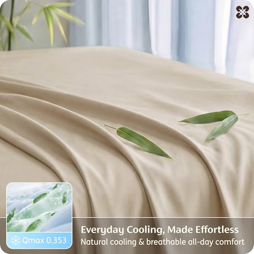 Image of Bedsure King Size Sheet Set, Cooling Sheets, Rayon Derived from Bamboo, Deep Pocket Up to 16 inch, PureWoven, Breathable & Soft, Bed Sheets, Hotel Luxury Silky Bedding for Hot Sleepers, Beige