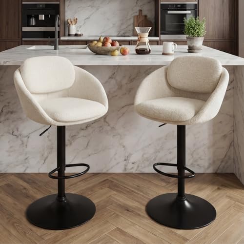 Ya Home Juego de 2 Taburetes Altos de Cocina de Chenille Girotorio con Brazos y Altura Ajustable, Sillas Altas de Cocina con Base de Metal, Taburetes de Bar para Isla Barra/Restaurante,Beige
