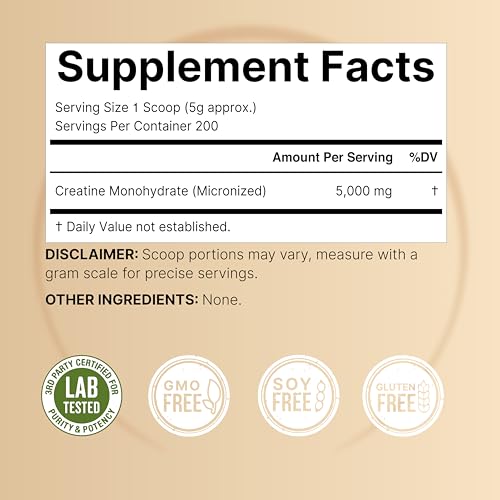 Image of NatureBell Creatine Monohydrate Powder 1,000g, 5,000mg Per Serving, 200 Servings (2.2 lb) | Micronized, Pure & Unflavored | Pre-Workout Muscle Support* | Keto, Vegan, Filler-Free