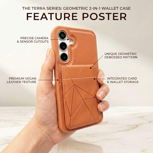 Image of amazon basics Premium Vegan Leather Back Cover with Card Holder and Integrated Mobile Stand for Samsung Galaxy S25 5G - Slim Shockproof Wallet Case with Geometric Stitching [Tan]