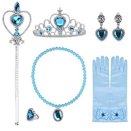 BUUFAN Girl Princess Dress up Accessories Costume Cosplay Queen Jewelry-Crown Wand Gloves Necklace Earrings Halloween Party,5 Pieces Set (Blue)