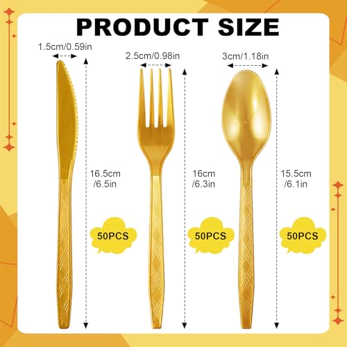 Richunie 150 Stück Wiederverwendbaren Besteck Set, Party Besteck Mit Gabeln Messer Und Löffel Reusable Für Familienfeiern, Hochzeiten, Geburtstagsfeiern（Gold）