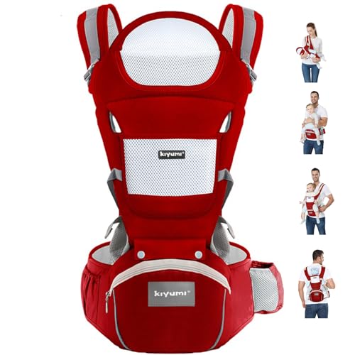 Image of KIYUMI Baby Carrier with Hip Seat, Ergonomic M Position, Newborn to Toddler, Head Support and Breathable Mesh,Adjustable Removable 6- in-1 Baby Baby Sling Carrier (7-45 lbs) for Mom Dad, Red