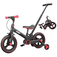 JMMD Balance Bike with Training Wheels and Pedals, Kids Push Bike with Adjustable Push Handle, Fun and Safe Toddler Tricycle for Boys and Girls with Brakes & Kickstand, Age18 Months-5 Years, Black