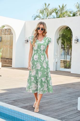 Image of GRACE KARIN 2026 Womens Summer Dresses V Neck Ruffle Sleeve Floral Boho Beach Dress A-Line Swing Midi Wedding Guest Sundress