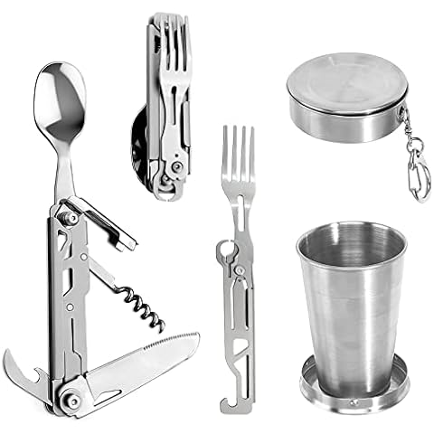 Camping Besteckset Reisebesteck Set Campingbesteck 5 in 1 Multifunktions Klappbesteck Outdoor Besteck aus Edelstahl Cover