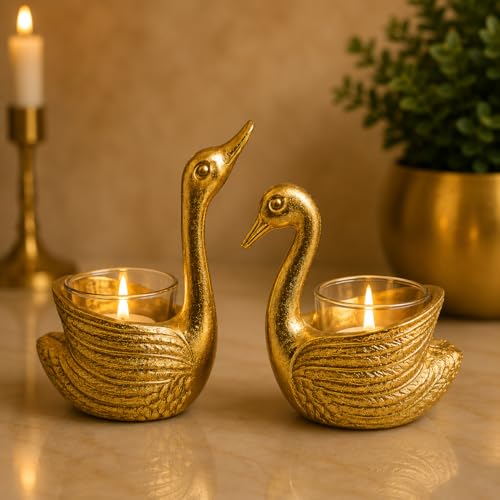 Image of Swan Shape Candle Holder Set of 2 - Gold Decorative Metal Tealight Holders for Home Decor, Table Decoration, Living Room, Bedroom & Festive Decoration