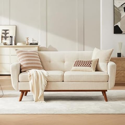 Kingfun 65.3" W Loveseat Sofa, Mid Century Modern Decor Love Seat Couches for Living Room, Button Tufted Upholstered Furniture, Solid & Easy to Install Small Couch for Bedroom Office Apartment, Beige Cover