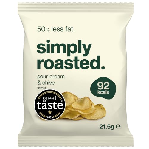 Image of Simply Roasted - Sour Cream Crisps | 12 x 21.5g Impulse Bags | Cool & Creamy | 50% Less Fat | Under 99 Calories Per Serve | Triple Cooked for the Ultimate Crunch | Gluten & Allergen-Free