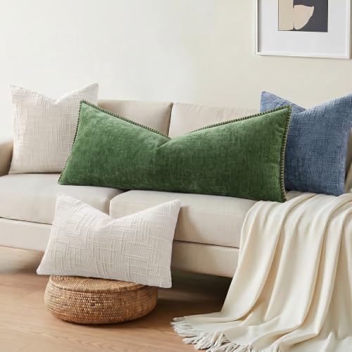 Image of decorUhome Fall Chenille Soft Cozy Throw Pillow Covers 14x36 Set of 1, Modern Farmhouse Boho Velvet Decorative Pillow Cases with Stitched Edge for Couch Sofa Bed Home Decor, Forest Green