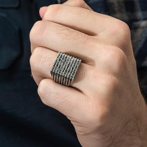 925 Sterling Silver Modern Geometric Men’s Ring – Layered Textured Square Statement Band – Handmade Architectural Style Silver Jewelry Gift3