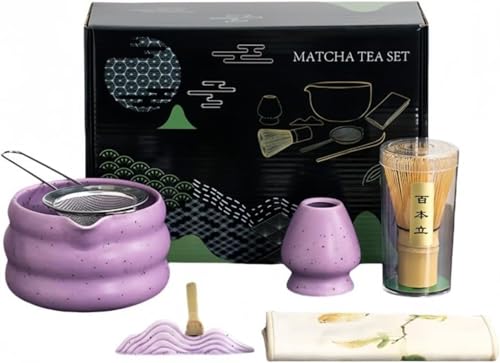 Barino 茶道具 セット 日本茶(7点) 抹茶 茶道具 茶碗 茶筅 泡立て器 茶器セット マドラー お茶を点てるためのボウル お茶の注文ツール 陶器製のスタンドマドラー 日本製の竹ブラシ (パープル)