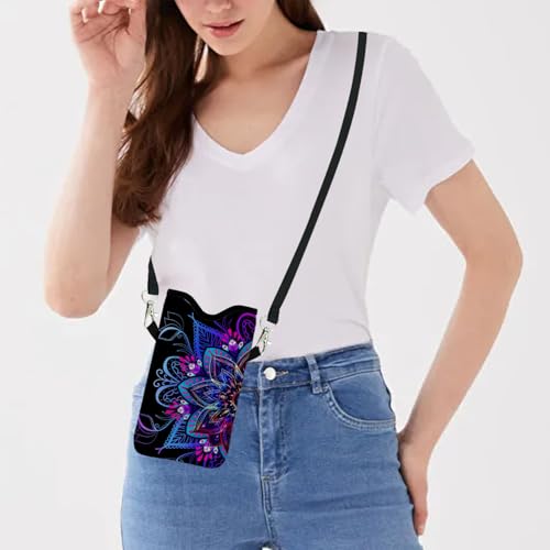 Image of Neoprene Cell Phone Sleeve Pouch Case Bag with Crossbody Strap Neck Lanyard for Women 7.1 X 3.9 in Purple Flower