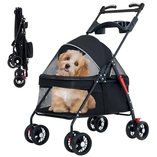 OMDOCA Carrinho de passeio com gaiola dobrável para cães e gatos, com cesta de armazenamento e supor