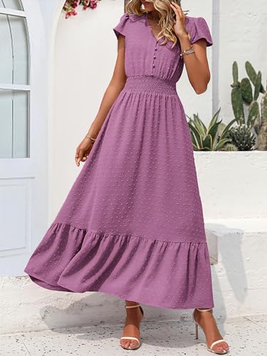 Image of PRETTYGARDEN Womens Dresses 2026 Summer Maxi Dress Boho Short Sleeve V Neck Swiss Dot Ruffle Tiered Smocked Flowy Long Dress