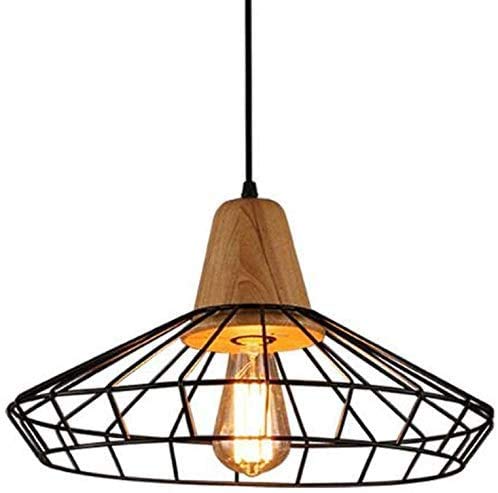 Soporte de luz colgante de madera retro y lámpara de techo de jaula industrial para dormitorio