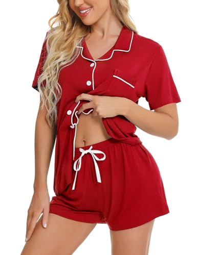Image of SWOMOG Women Pyjamas Set Short Sleeve Sleepwear Womens Button Down Nightwear PJ Set with Pockets Red