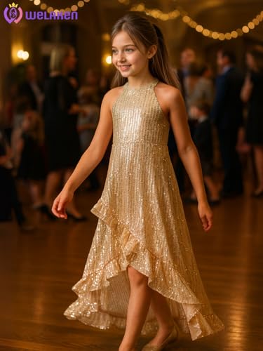 WELAKEN Girls Sequin Dress for Kids Sparkly Halter Neck Sleeveless Casual Party Wedding Twirl Dresses2