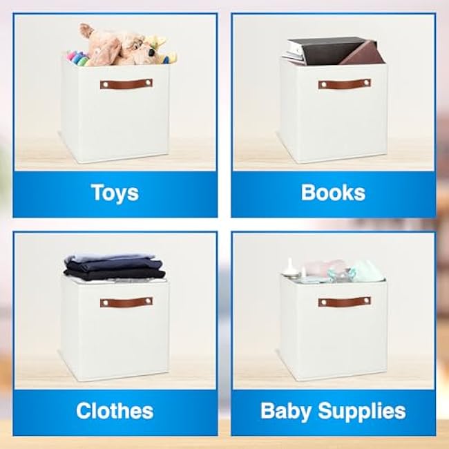 13x13 Storage Cubes - 6 Pack - Linen Fabric 13 Inch Cube Storage Bins for Bedroom, Living Room, Clothes and Toys; Foldable, Dual Leather Handles