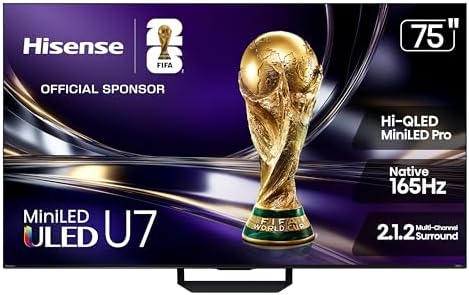 Hisense 75" U7 Mini-LED ULED 4K UHD Best Premium Gaming Smart Google TV (75U7SG, 2026 NEW) - Hi-QLED, Native 165Hz, VRR 330, HDR10+, Dolby Vision IQ·Atmos, IMAX Enhanced, Anti-Reflection, 2.1.2 Ch