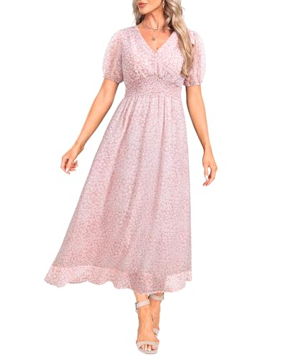 Image of Holipick Women Summer Casual Dress Wedding Guest V Neck Short Sleeves Smocked Waist Chiffon Swing Knee Length Midi Dresses