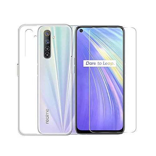 QFSM Transparente Funda + Cristal Templado para Realme 6 (6.5"), Shell Silicona Carcasa Suave TPU Case Cover y 9H Dureza Duradera Protectora Pantalla Glass Film Protector -Clear Cover