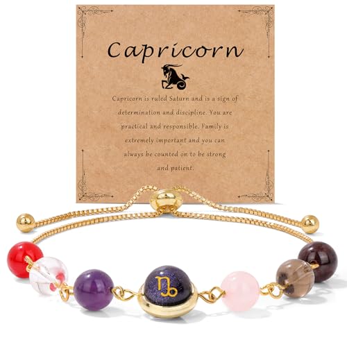 Raicegs Crystal Bracelets for Women 18K Gold Plated Bracelets Capricorn Gifts Healing Zodiac Bracelets for Women Natural Stone Zodiac Sign Bracelets Gemstone Beads Constellation Horoscope Jewelry for Women Birthday Gifts