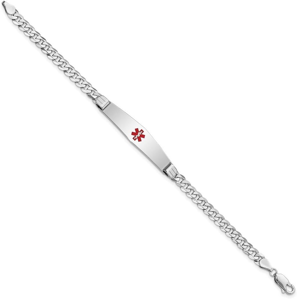 JewelryWeb 8.8mm 14k White Gold Medical Soft Diamond Shape Red Enamel Flat Curb Link ID Bracelet Identification Bracelet for Women