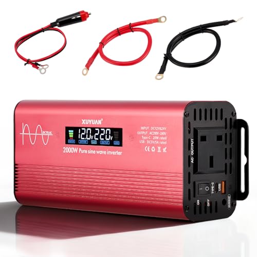 2000W Pure Sine Wave Inverter, Power Inverter 12V to 240V with UK Socket 2 USB，Aluminum Car Power Inverter with LED Display & 8-tier Safety Protection for Travel, Camping