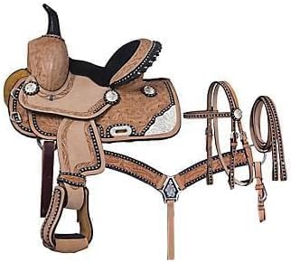 BNB International Western Barrel Racing Trail Equestrian Horse Saddle Pony & Adult Classic Quality Premium Leather for Riding Headstall, Breast Collar & REINS Size: 10-18 inch Seat BRL27