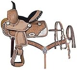 BNB International Western Barrel Racing Trail Equestrian Horse Saddle Pony & Adult Classic Quality Premium Leather for Riding Headstall, Breast Collar & REINS Size: 10-18 inch Seat BRL27 (10.5)